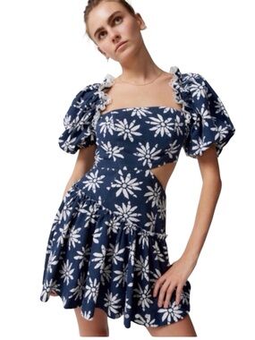 En Saison Catalina Mini Dress Navy Blue Floral Puff Sleeve Side Cutout Lace Sz S